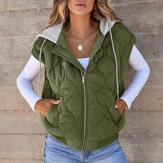 Pockets Loose Fit Coat with Streetwear Commuter Style Medium Thickness Zipper Closure Hooded Collar Regular Length Women Vest