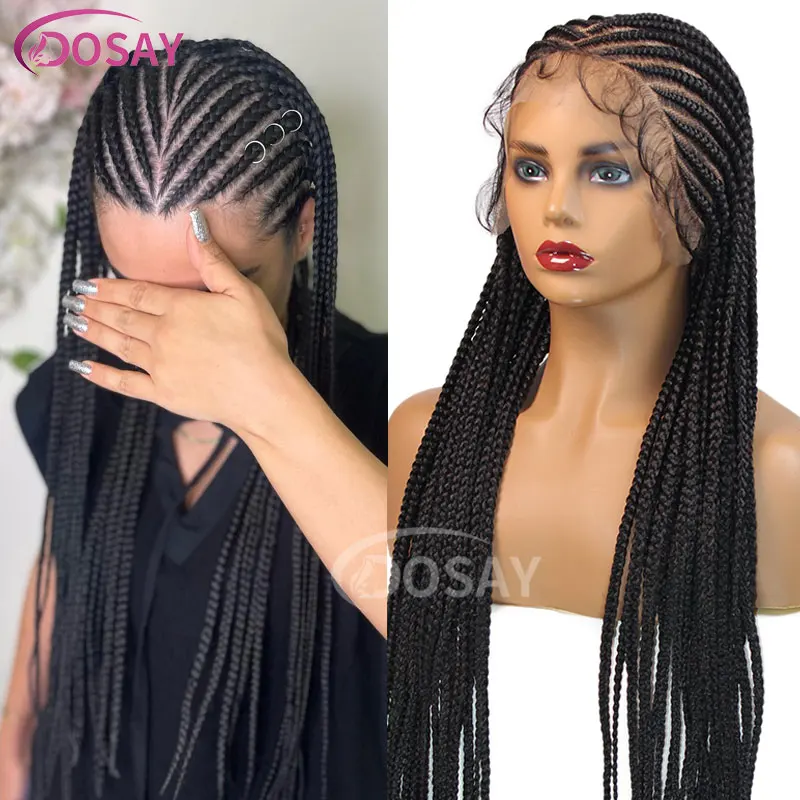 Pelucas trenzadas tribales sintéticas para mujeres negras, peluca trenzada Jumbo de encaje completo de 36 ", trenzas de aciano, peluca de rastas sin nudos