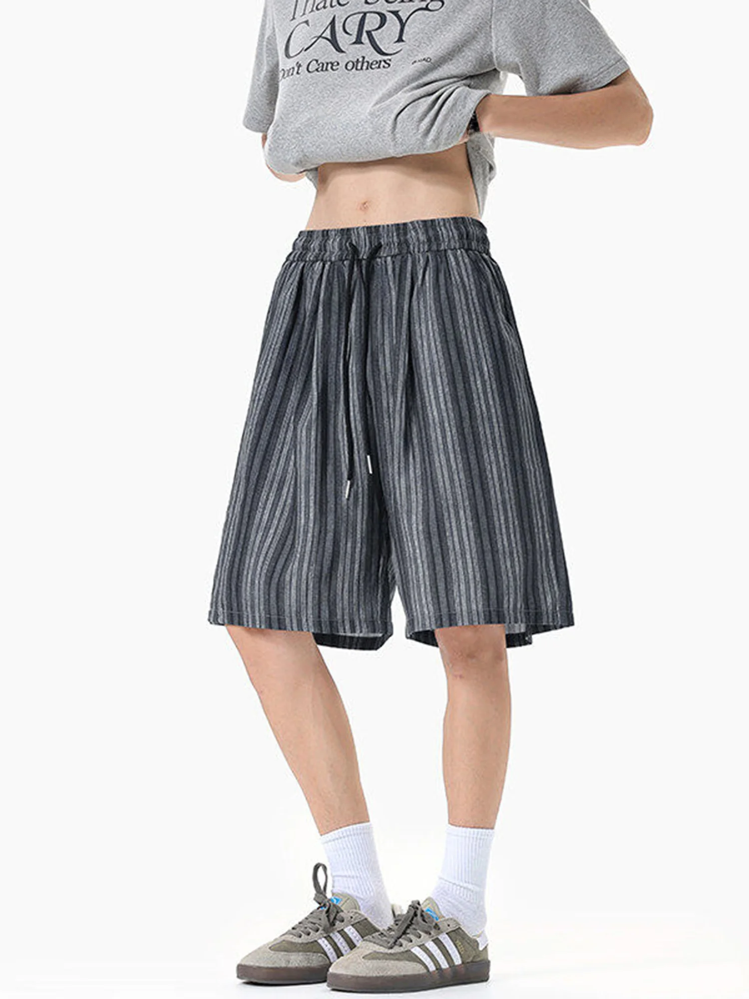 

Retro Japanese Stripe Men's orts Summer Thin Ice Silk Five-Point Baskeall Loose Casual Spor Straight Leg Lightweight