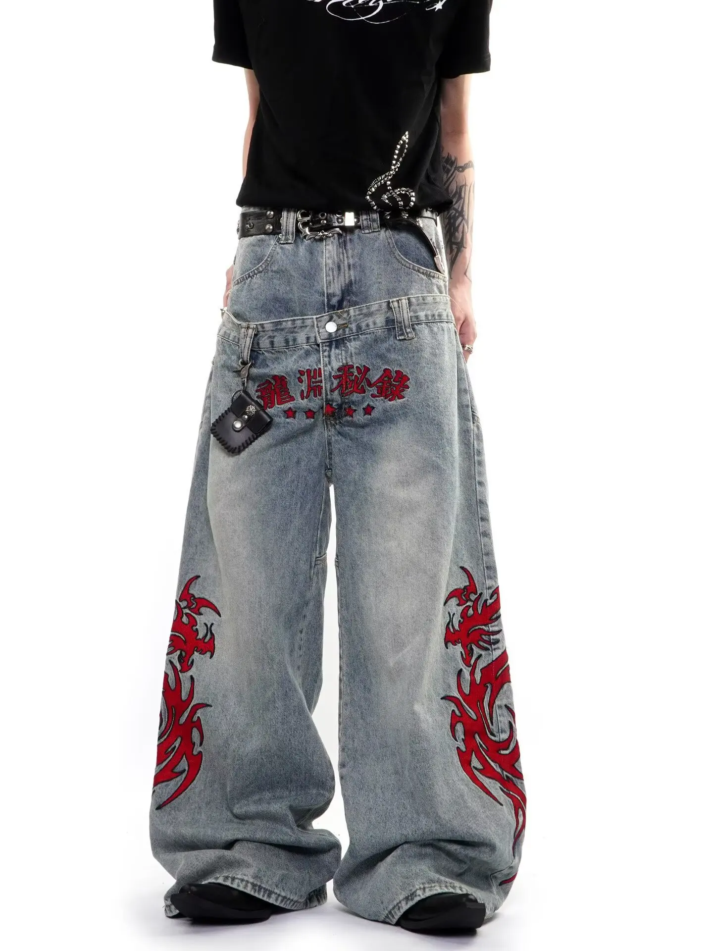 American high street heavy embroidery double waist jeans men four seasons totem design drag floor wide leg pants brand Y2K Punk