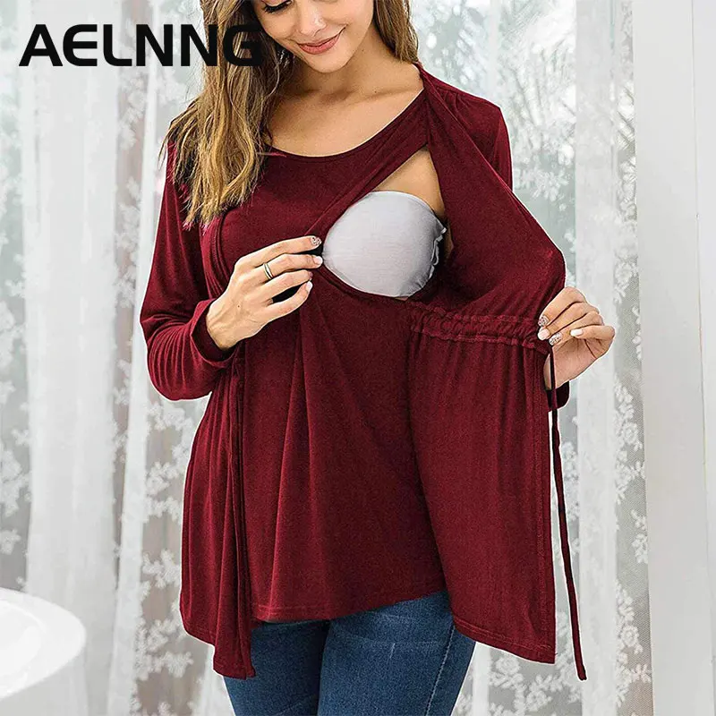 

Maternity Clothes Fake Two Piece Design Autumn Casual Women Breastfeeding T-Shirts Waist Tie Pregnant Nursing Tops T1018