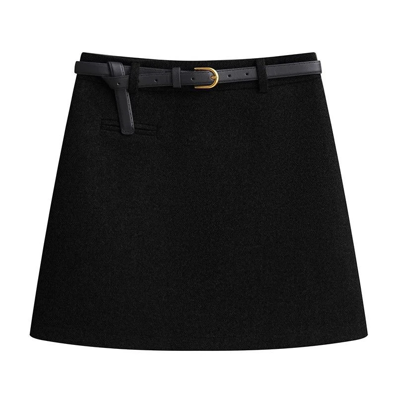Woolen A-line Skirt Women's 2026 Autumn Winter New Thick High Waist Belt Short Package Skirt Temperament Female Trend