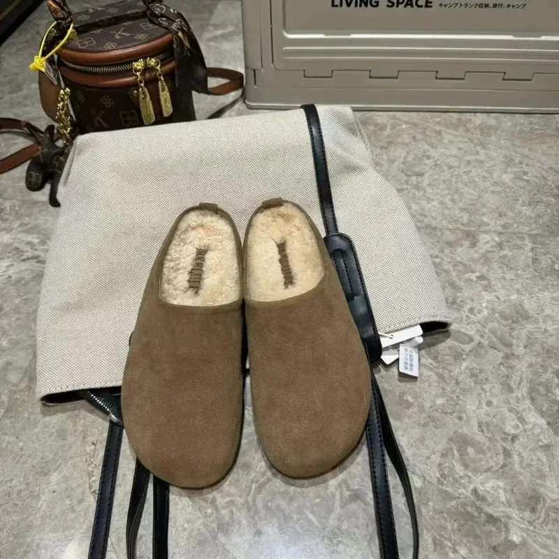 New Winter Cashmere Warm Flat Slippers Women Without Heel-covered Hair Half Slippers Cotton Shoes Women Cashmere Warm Boots