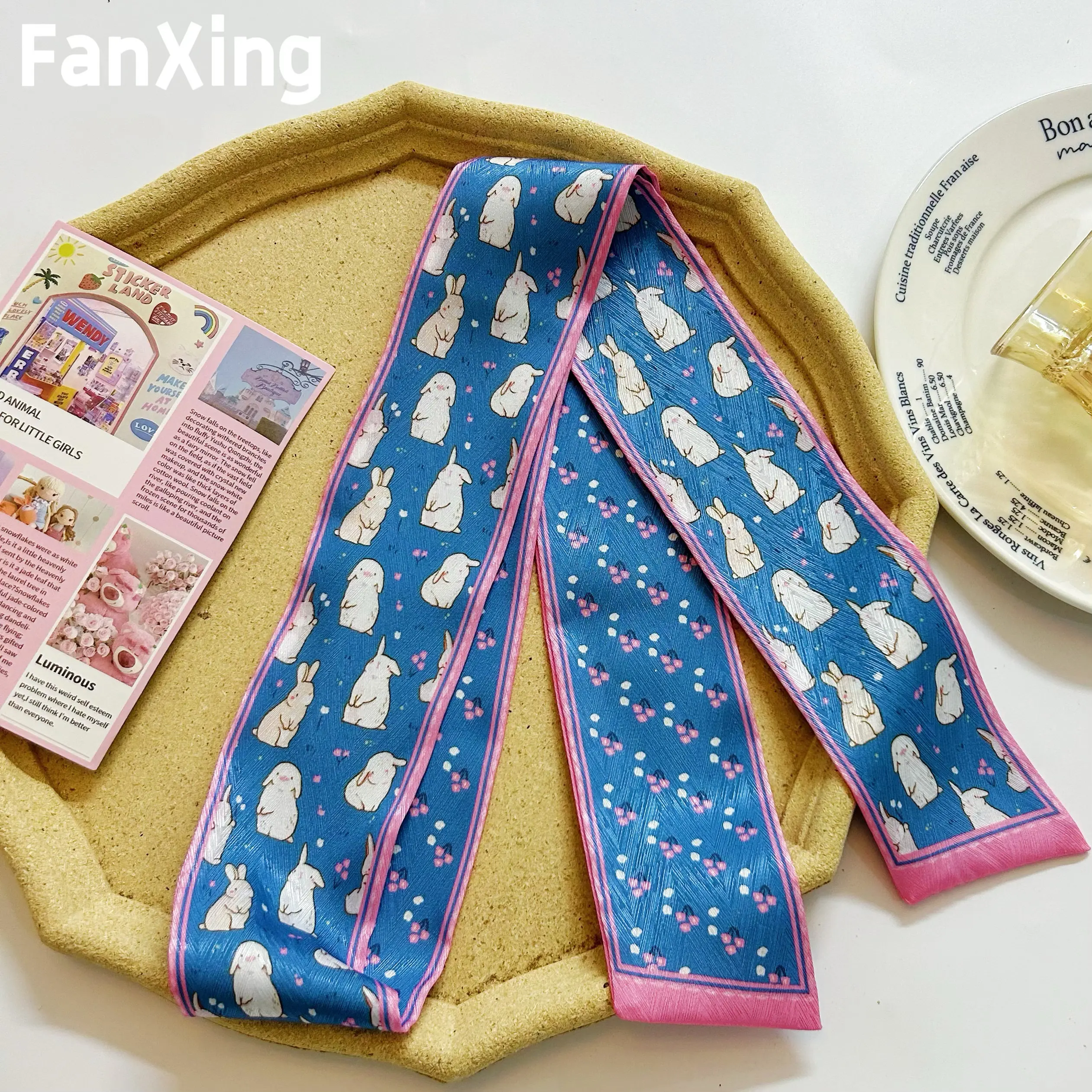 

Korean Version Scarf Belt Silk Scarf Original Cute Rabbit Print Headband Bag Decor Small Long Ribbon