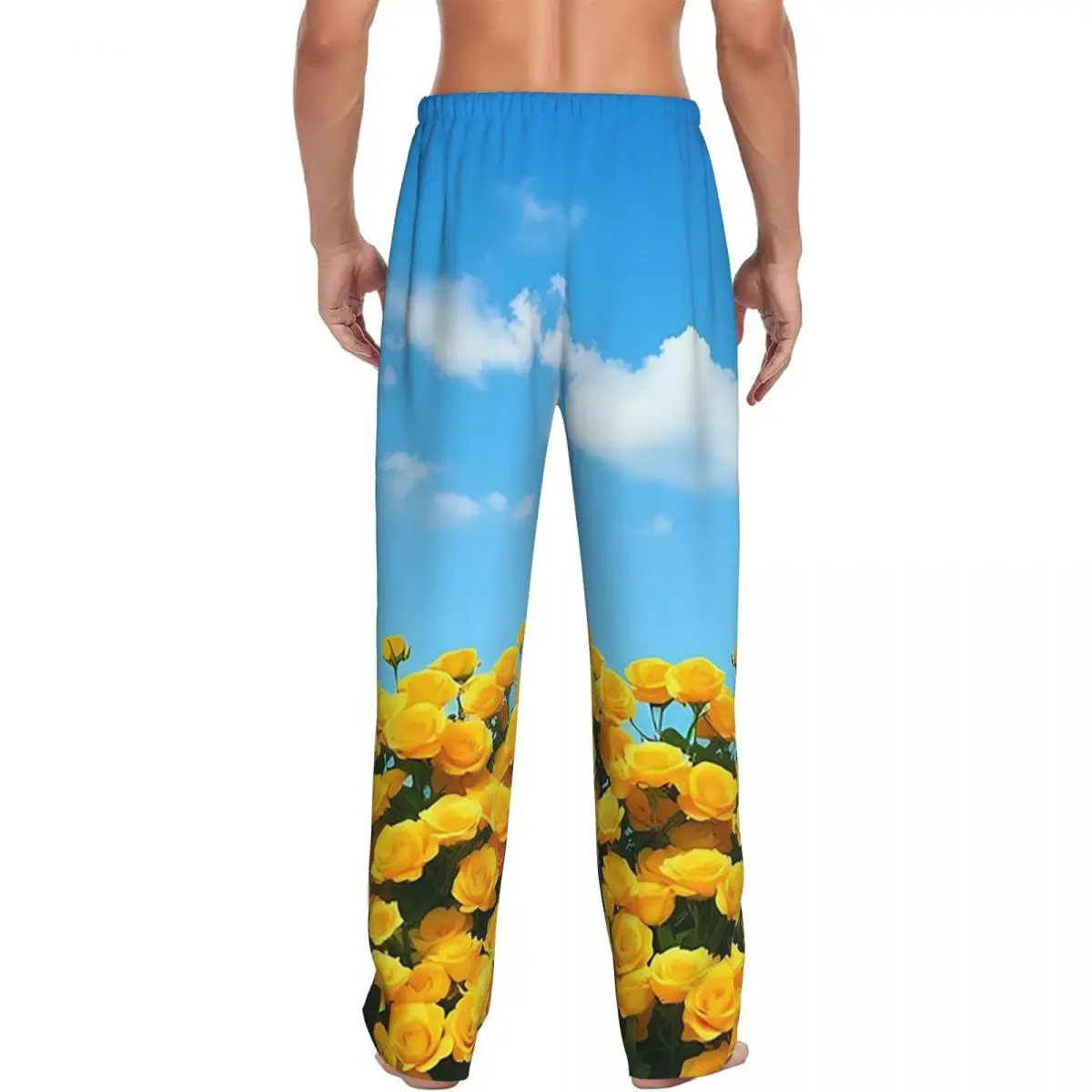 Custom Yellow Roses Bloom Sky Men Pajama Pants Lounge Sleep Sleepwear Bottoms with Pockets
