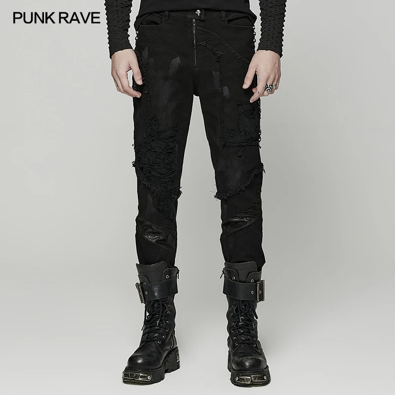 PUNK RAVE Men's Punk Loose Broken Hole Net Trousers Gothic Daiy Elastic Twill Denim Cool Personality Texture Casual Black Pants