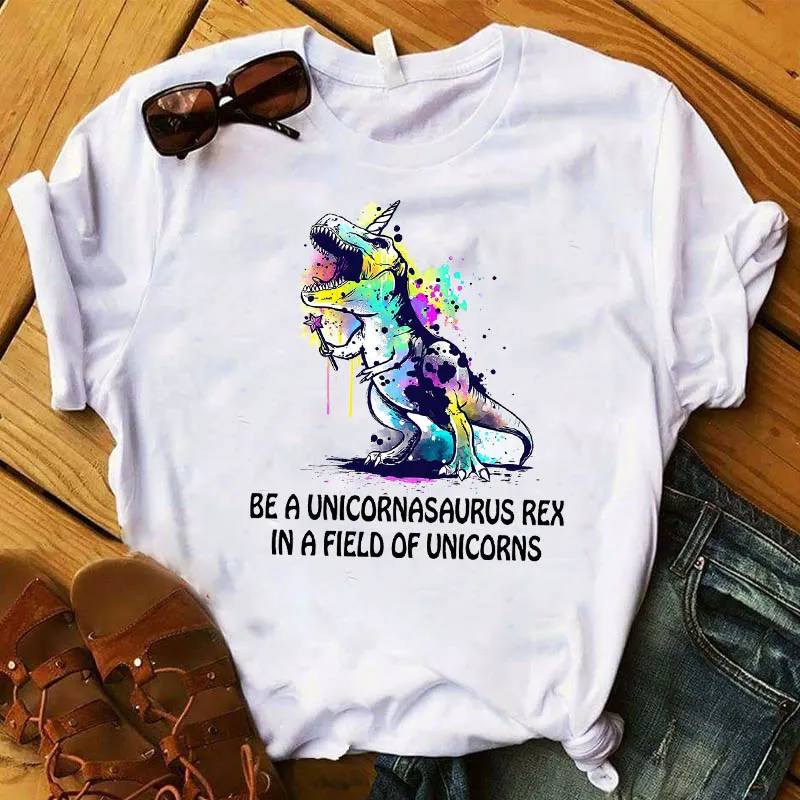 Women T Womens Unicorn Dinosaur  Watercolor Cute Cartoon Graphic Top Tshirt Nice Camisas Tee Shirt Ladies Pretty T-shirt