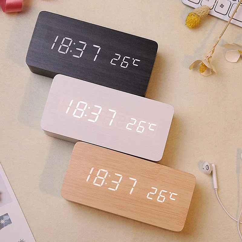 

LED Wooden Alarm Clock Watch USB/AAA Powered Table Clocks Voice Control Digital Wood Despertador Electronic Desktop Table Decor