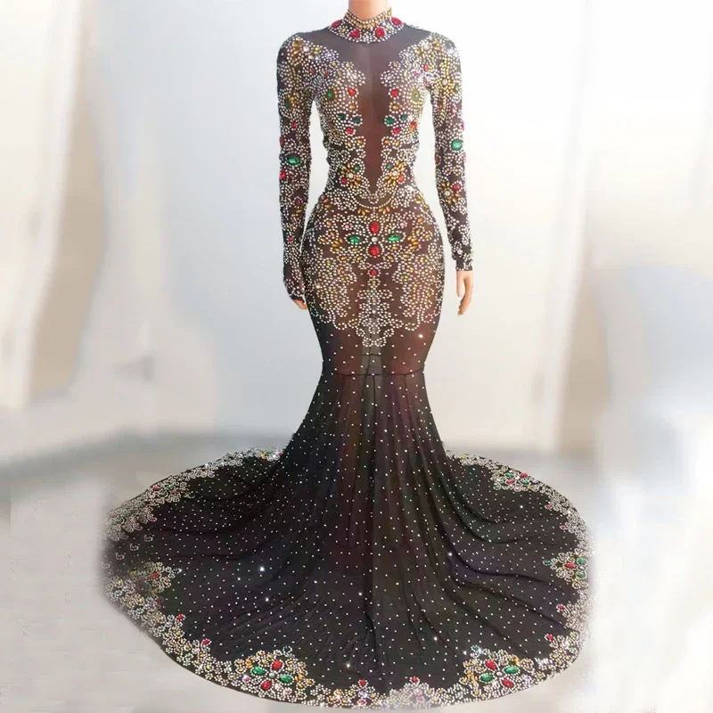 Robe à strass en cristal coloré, 5 couleurs, scintillante, Costumes de célébration d'anniversaire, robe de soirée pour femmes, robe de traînée sur scène, XS5424