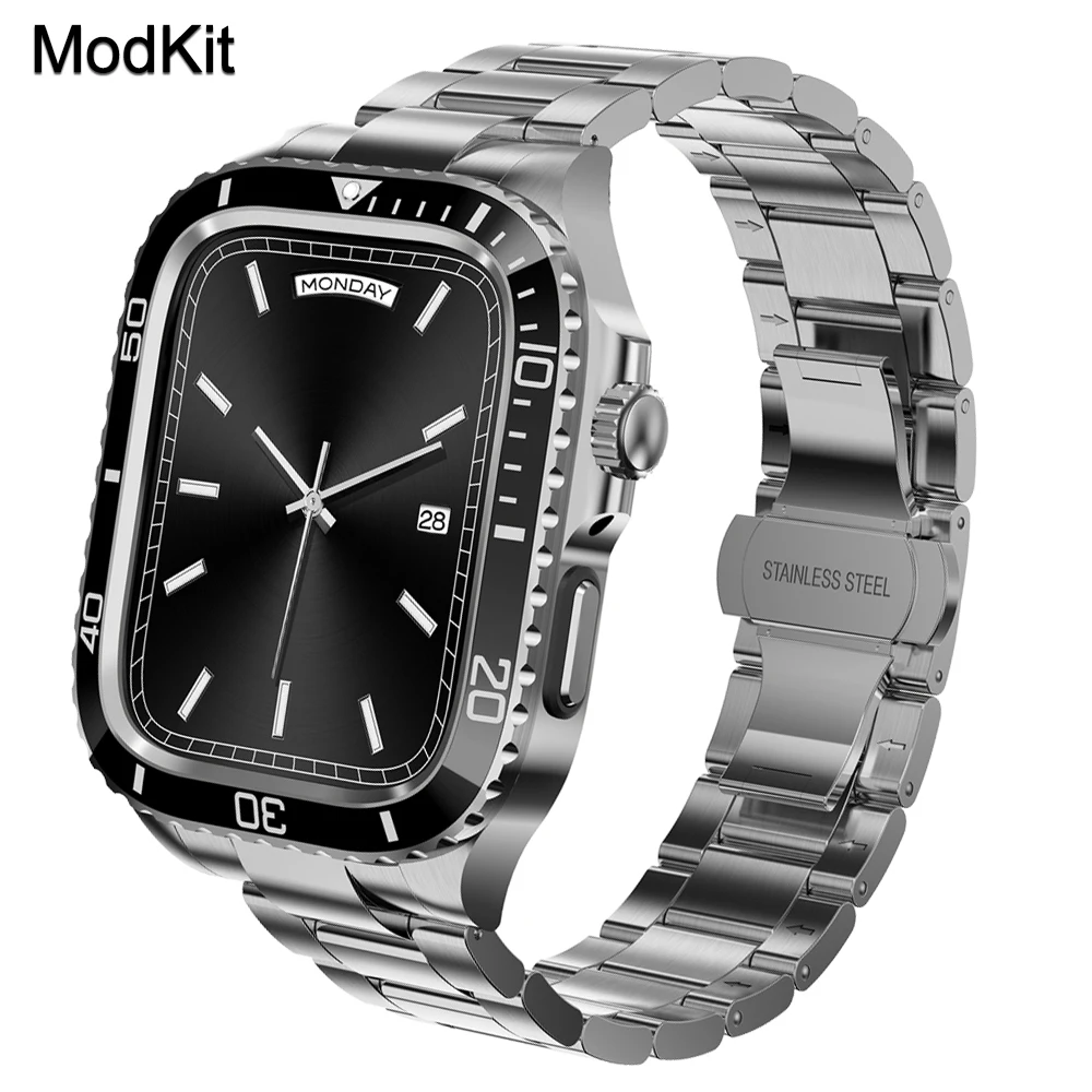 Stainless Steel Case Modification Kit for Apple Watch Band 45mm 44mm Metal Case Bezel Strap Iwatch Series 9 8 7 6 SE 5 4 Mod Kit