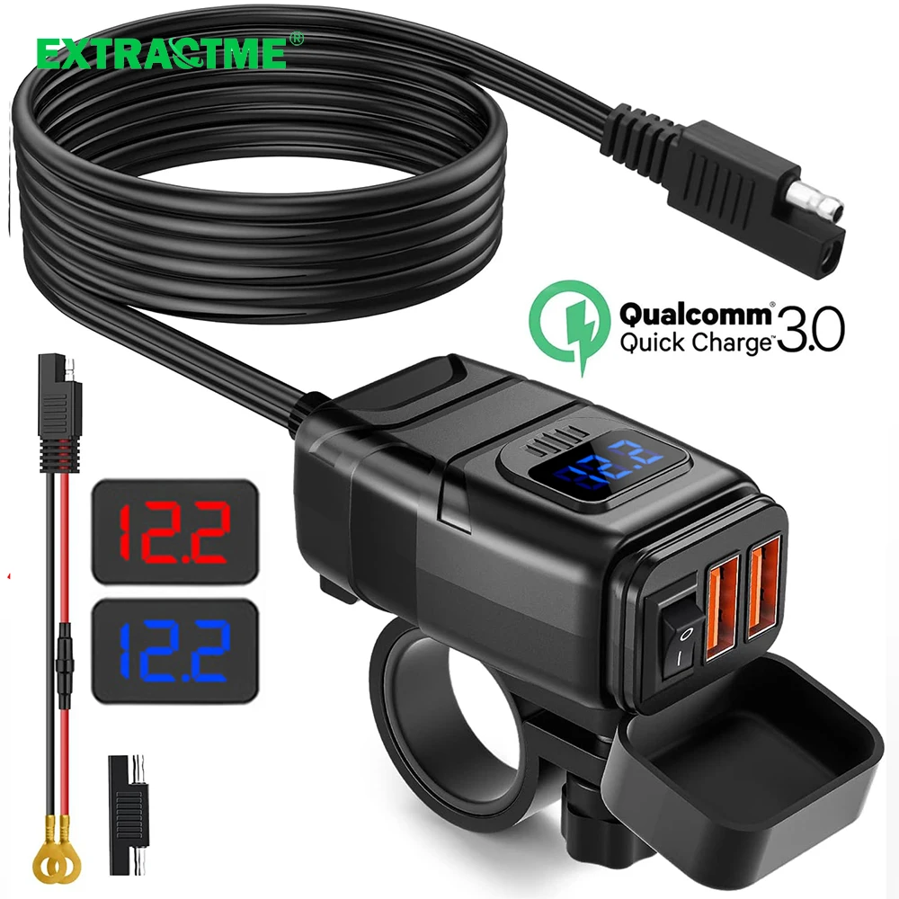 Extractme QC3.0 Motorcycle USB Charger 12V Waterproof Socket Handlebar Cell Quick Charger Adapter with Voltmeter Motor Accessory