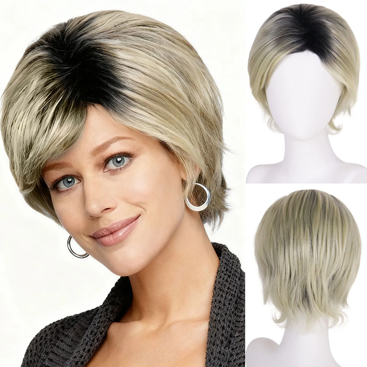 

GNIMEGIL Synthetic Wigs for Women Short Wig with Bangs Natural Hairstyle Mommy Wig Ombre Blonde Color 12 Inch Daily Old Lady