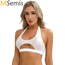 Womens Glossy Cutout Halter Vest Solid Color Stretchy Backless Crop Top for Workout Gym Fitness Pool Party Nightclub Costumes