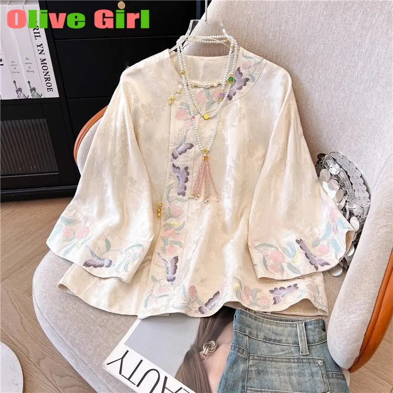 

Butterfly Flower Embroidery Blouse Shirt for Women 2025 Spring Autumn Plus Size Satin Top Traditional Chinese Clothing
