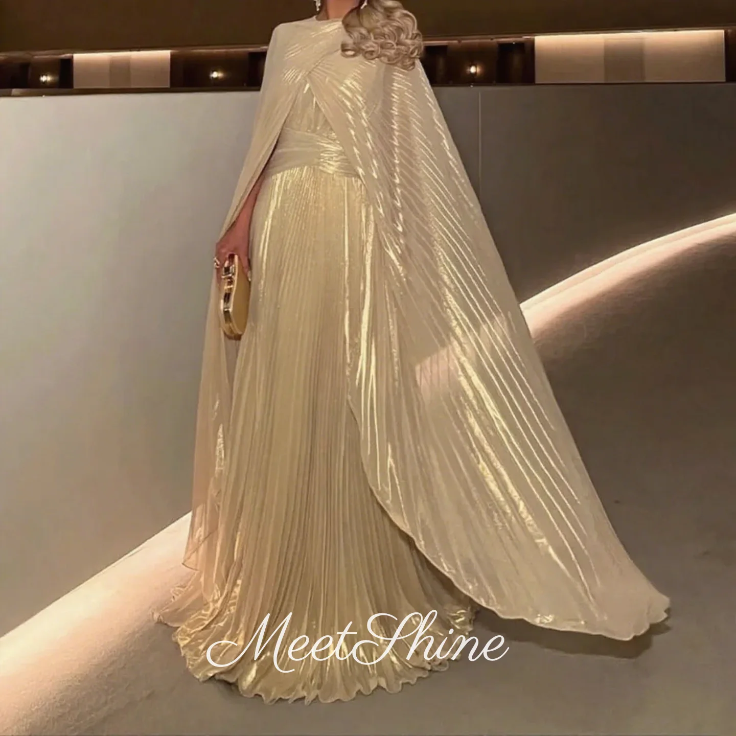 

Dubai Champagne A-Line Tulle Evening Dresses High Quality O-Neck Satin Sleeveless with Cape Prom Dress Party Dress Customized