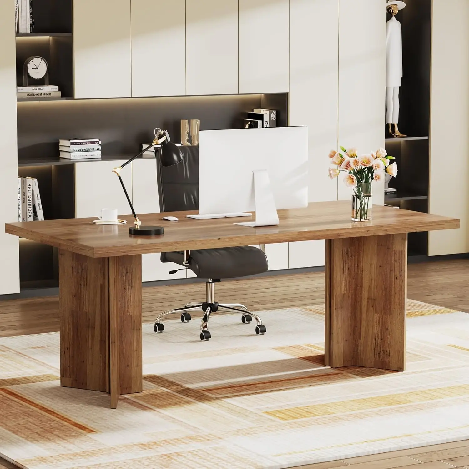 

Executive Desk, Vintage Home Office Computer Desk with Large Tabletop, Farmhouse Wood Writing Conference Table