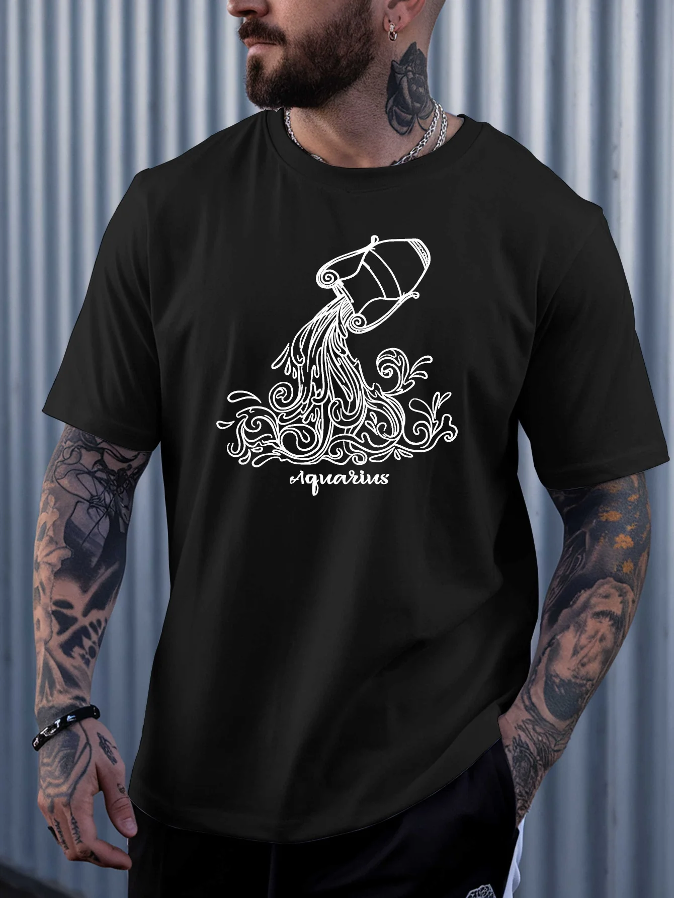 Mens Crew Neck Cotton T Shirt Aquarius Zodiac Water Vase Line Drawing Print Short Sleeve Casual Astrology Street Fashion Top
