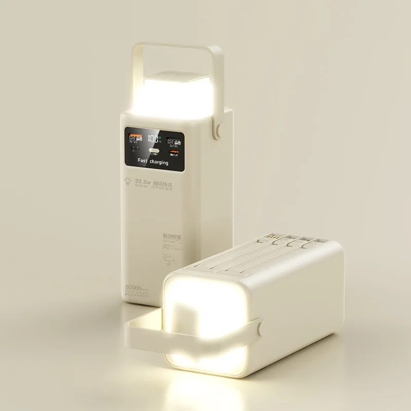 باور بانك بإضاءة خارجية بقدرة 50000 مللي أمبير في الساعة مع كابل مدمج للشحن السريع بقوة 22.5 وات وشاحن محمول طويل العمر