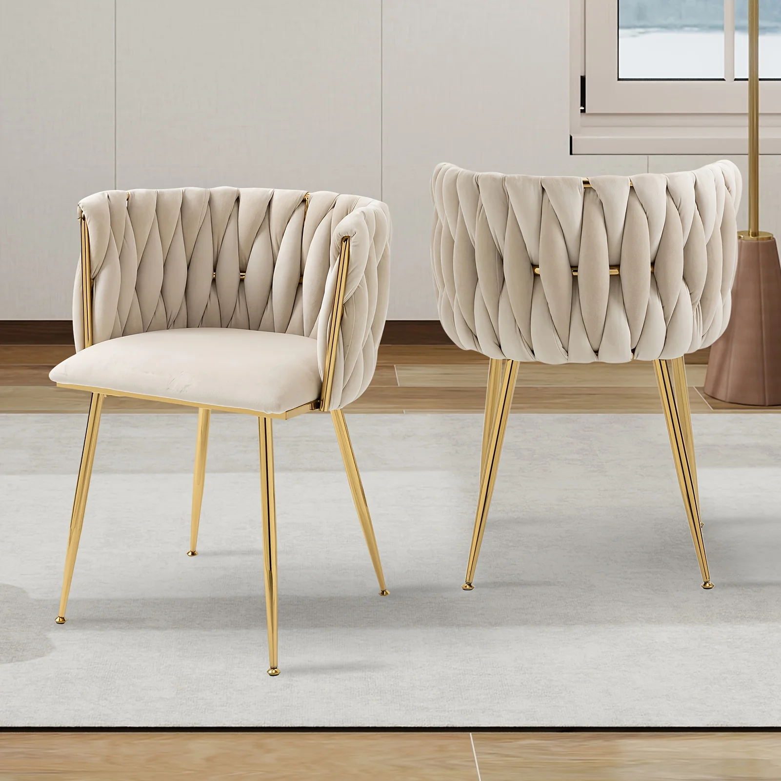 Woven Upholstered Dining Chairs - Velvet Dining Chairs - Set Of 2 - Accent Chairs With Golden Metal Legs - For Living Room/Bedroom/Kitchen
