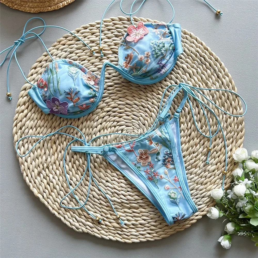 

Blue Shiny Flower Embroidery Push Up Bikinis Sets Micro Thong Sexy Swimsuit Women 2025 String Swimwear Bather Biquinis Bikini