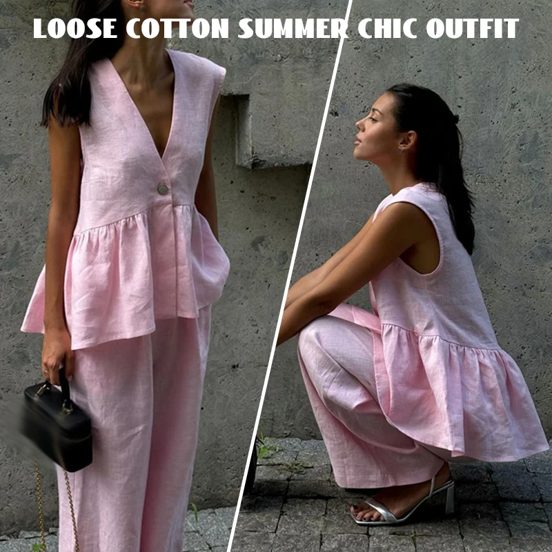 

S/M/L Loose Pink Cotton Linen 2Piece Set Women Summer Chic Outfit 2025 New Fashion Sleeveless Tank Top High Waist Wide Pants Set