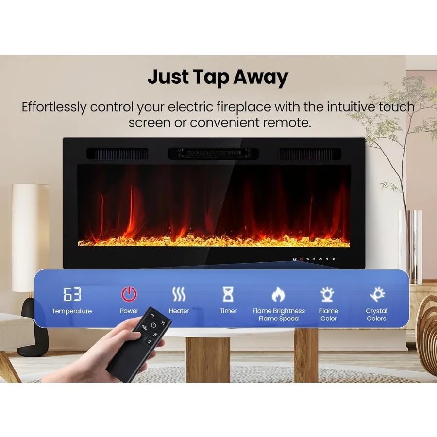 Electric Fireplace Wall Mounted 50 Inch Insert Fireplaces 750/1500W Recessed Heaters with Remote Control Touch Screen Timer Adj