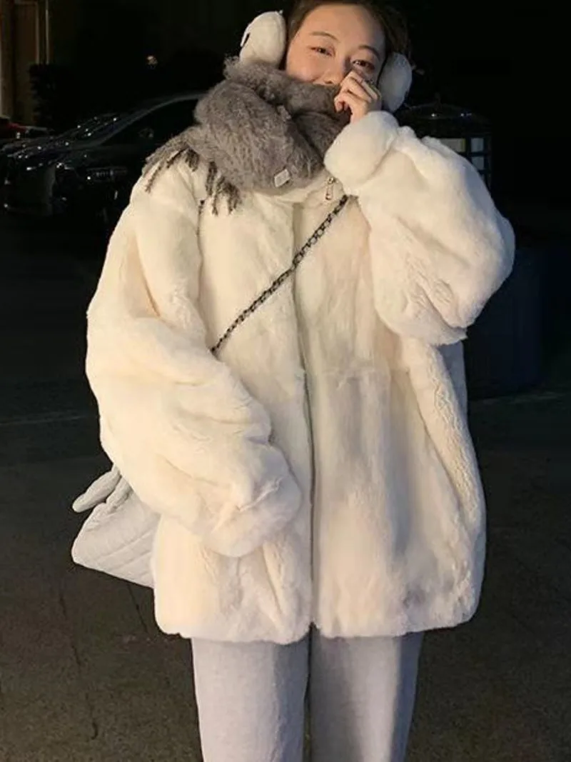 Plush Jacket Women Winter Imitation Rex Rabbit Fur Grass Mid-length Loose Thick Hooded Women Jacket 2022 Ins Hot Sale