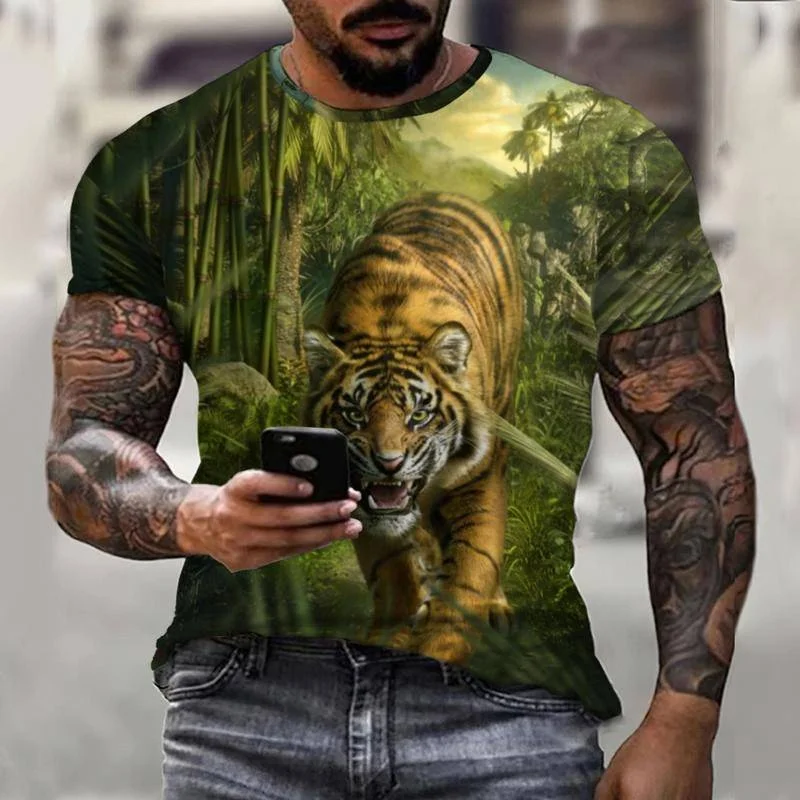 

Summer Men's Tiger 3D Printed O Neck Animal T-Shirt Short Sleeve Street Personality Casual Versatile Loose Oversized Top