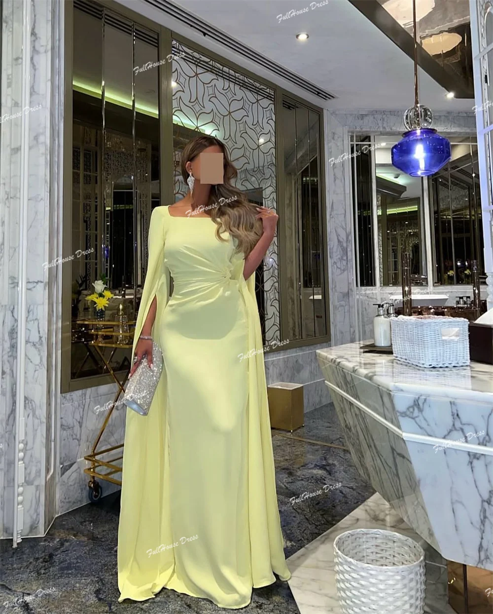 

Custom Made Classic Square Collar Pleated Saudi Dress for Bridal Sheath Floor Length Cape Evening Dress with Court فساتين