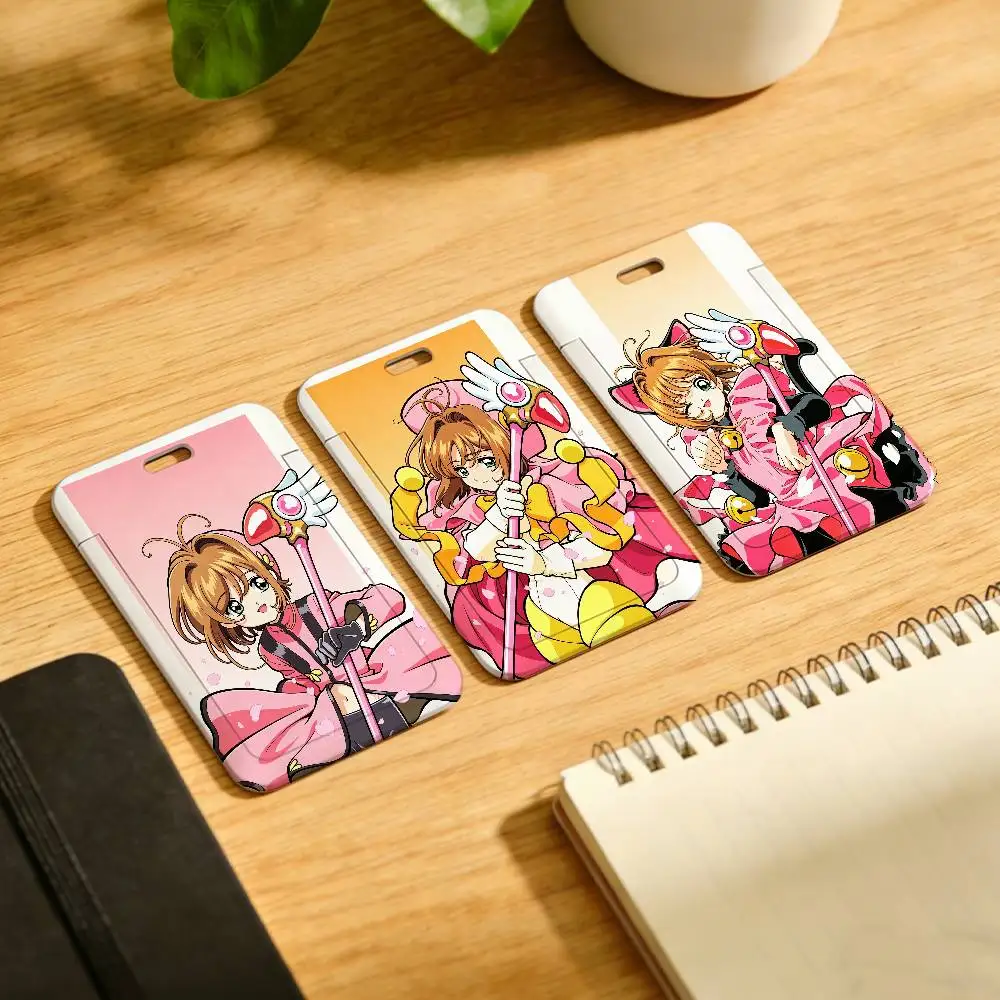 Anime C-CardcAptor S-Sakura Lanyard Pull Back Clip Holder and Card Holder Rotating Back ID Card Family Gift