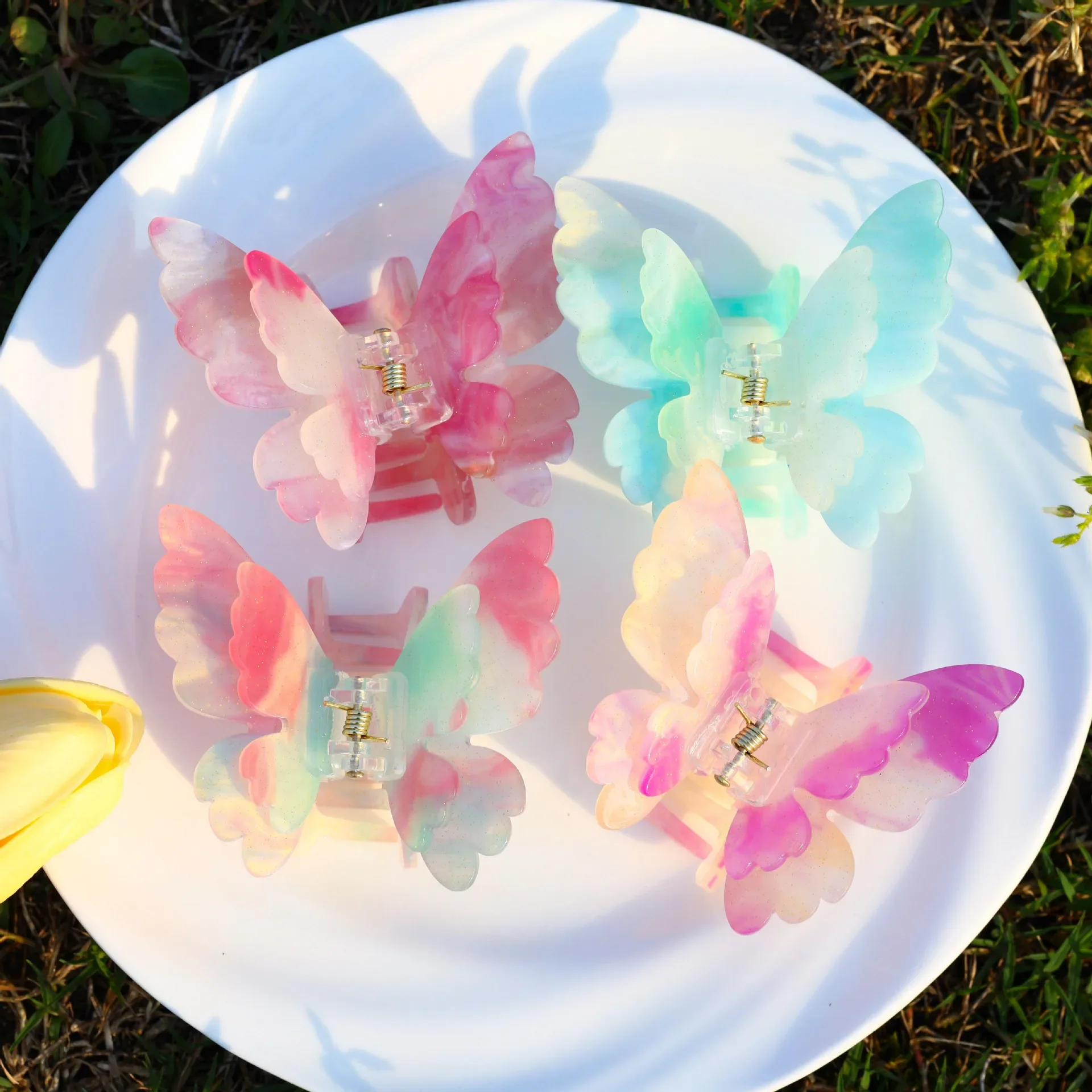 Sweet Colorful Double-layer Butterfly Acetate Hair Claw for Women Girls Hair Clips Hairpin Grab Clip Headdress Hair Accessories