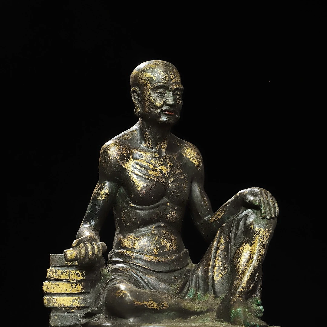 Old Bronze Gilded Cinnabar Mud gold Slim Arhat Buddhist altar Sitting Buddha Amitabha Buddha Wenfang Worship Hall Town house