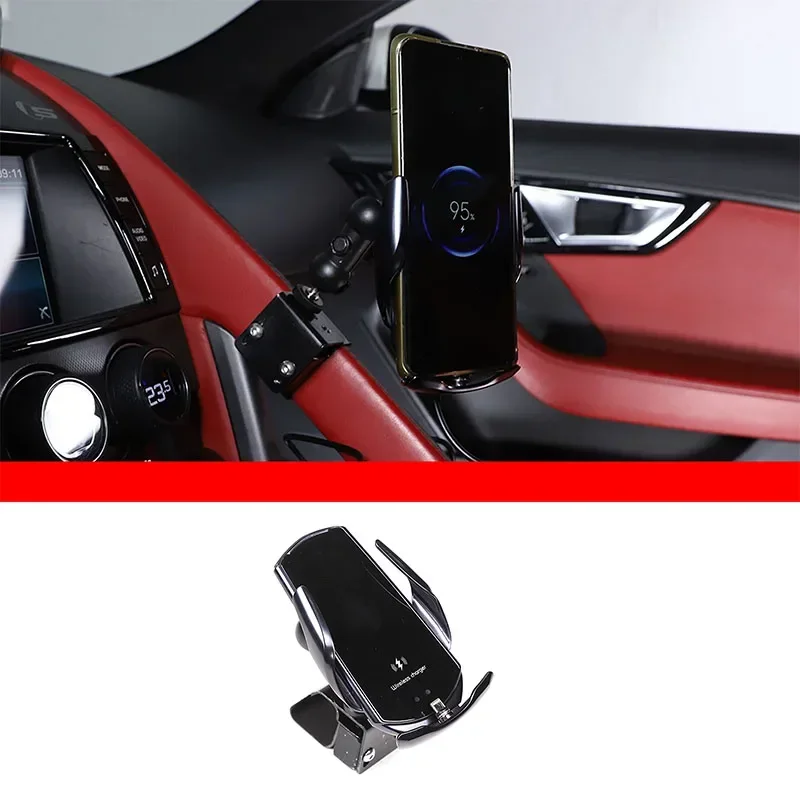 For Jaguar F-TYPE 2013+ Aluminum Alloy/ABS Car Central Control Armrest GPS Wireless Charging Mobile Phone Holder Car Accessories