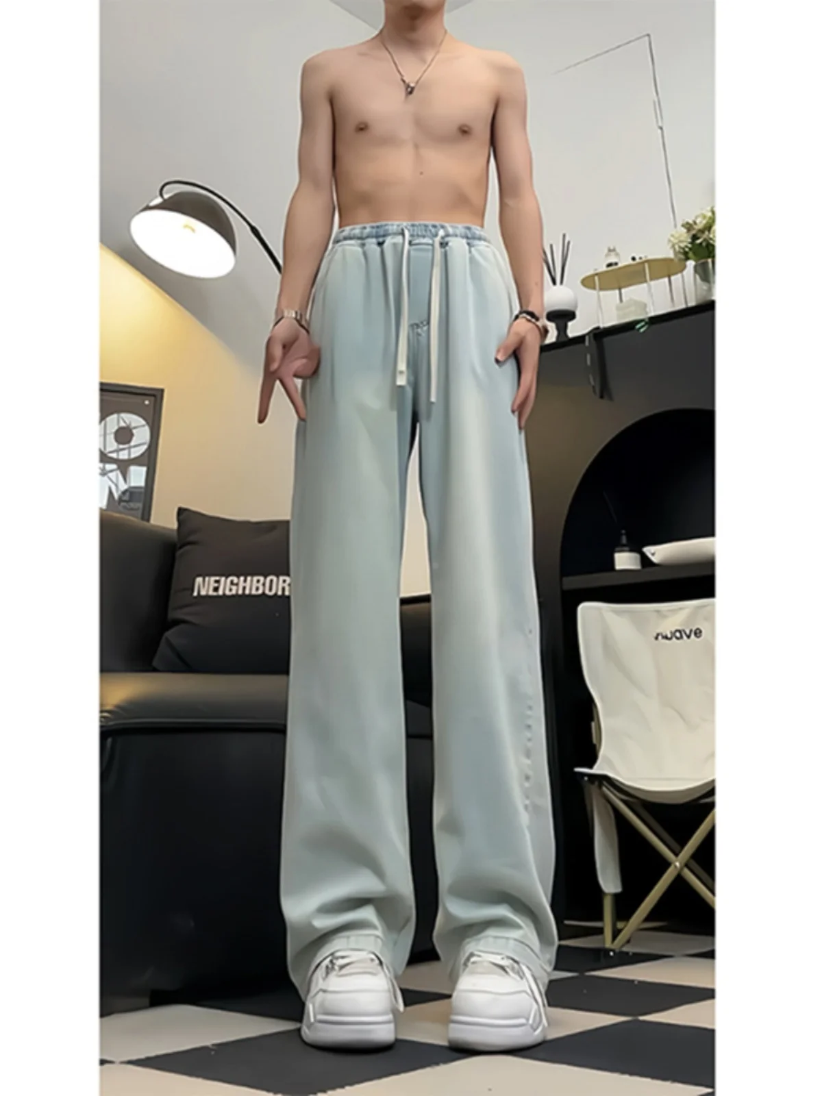 

Light Color Soft Ice Silk Jeans Men Summer Thin Small Size Qui Dry Loose High Waist Wide Leg Pants Youth Trendy Jeans