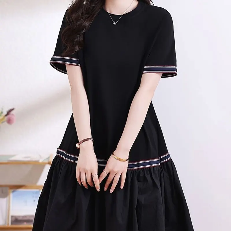 Basic Casual Loose Dresses Stylish Bright Line Decoration Summer Short Sleeve Female Clothing A-Line Korean Spliced Midi Dress