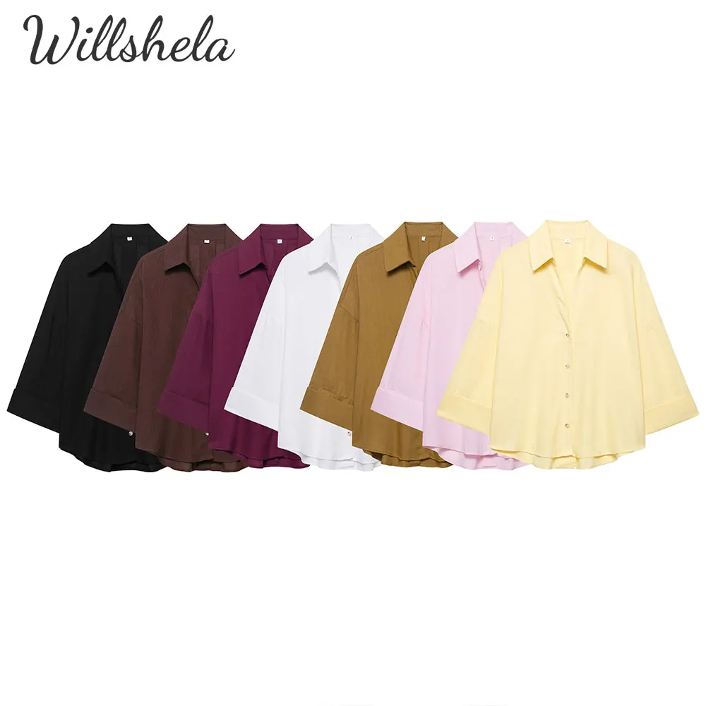 

Willshela Women Fashion Linen Loose Shirt Lapel Collar Three Quarter Female Chic Lady Casual Mujer Tops Blouse