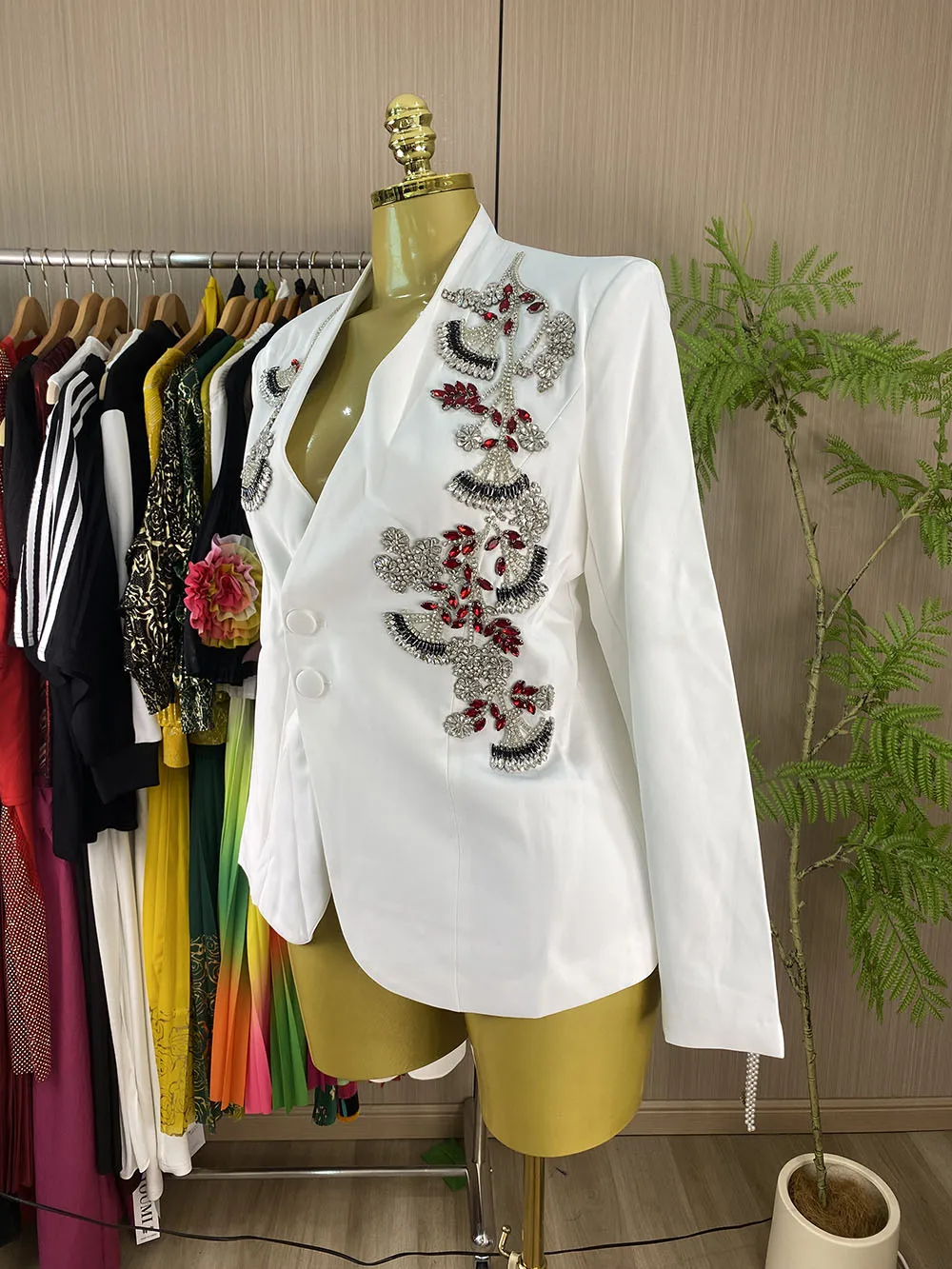Women’s V-neck, single-breasted, solid-color woven blazer featuring a heavy-duty design and rhinestone embellishments-GZXX1217
