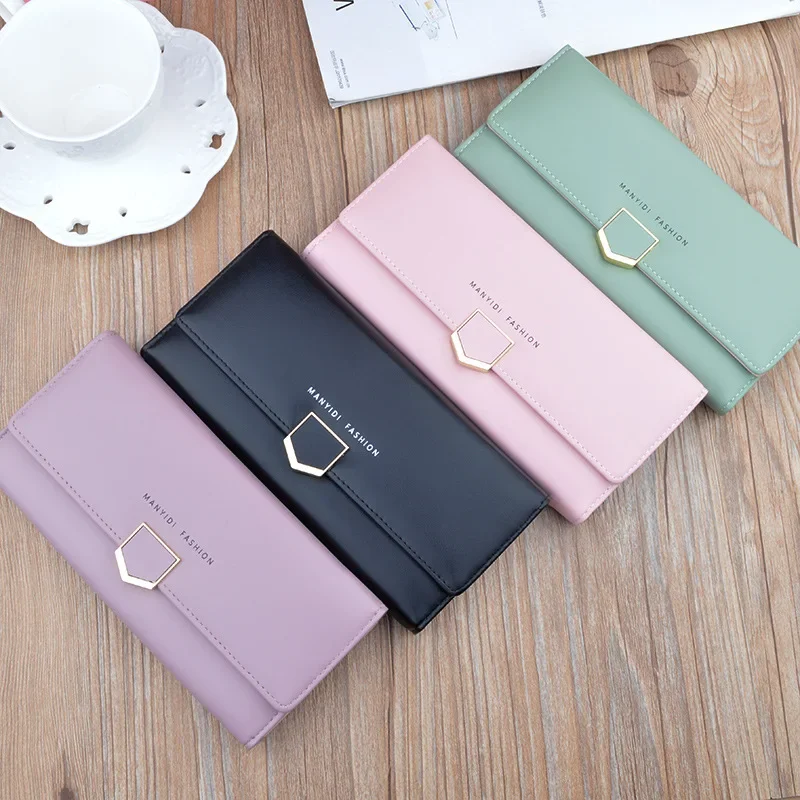 New women\'s wallet women\'s long multi-card buckle clutch bag fashion simple three-fold wallet soft wallet