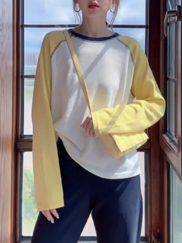 

Loose Fit Color Blo Long Sve Pure Cotton T-irt Women's Spring New Sle plus Size Faionable Design Korean Sle Top