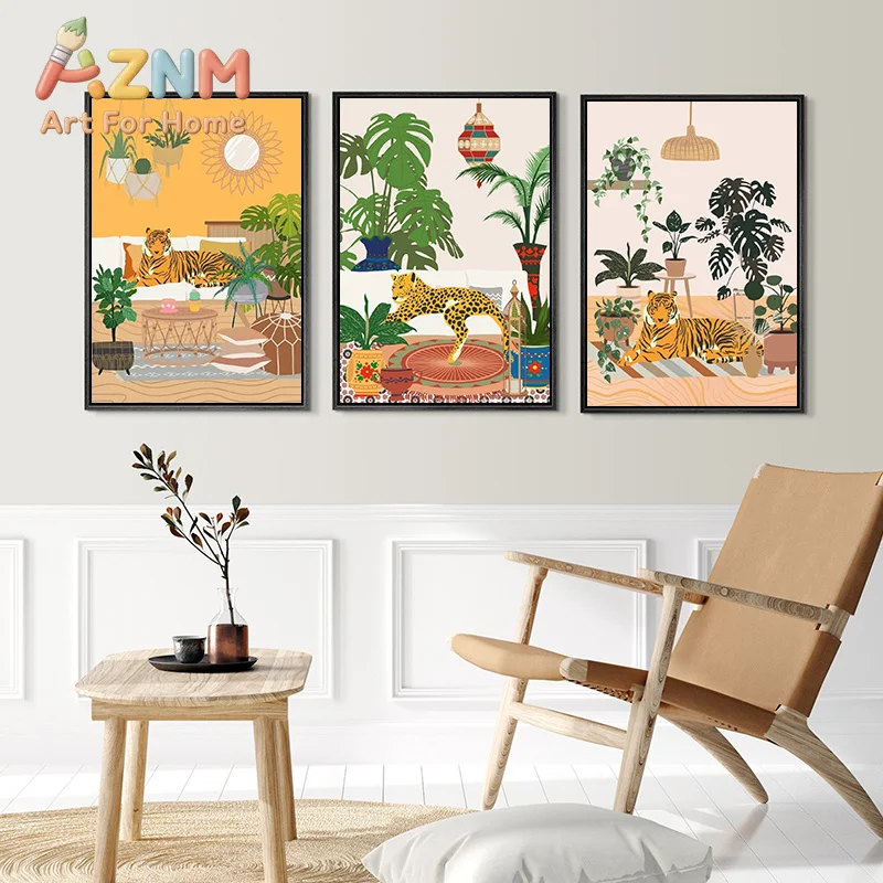 1pc frameless Canvas Painting Botanical Tiger Leopard Cheetah Poster Tropical Jungle Animal Canvas Painting Print Wall Art, Retr
