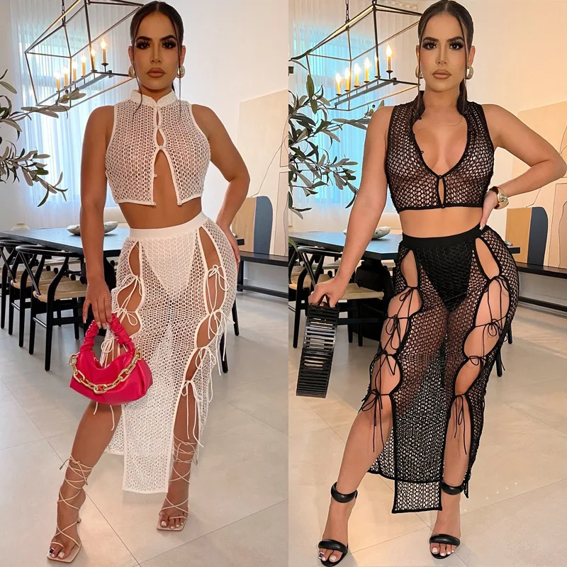 

SKMY Clothes For Women Fashion Sexy Single-Breasted Crop Top And Lace-Up Long Skirt Two Piece Set New Summer Fishnet See-Through