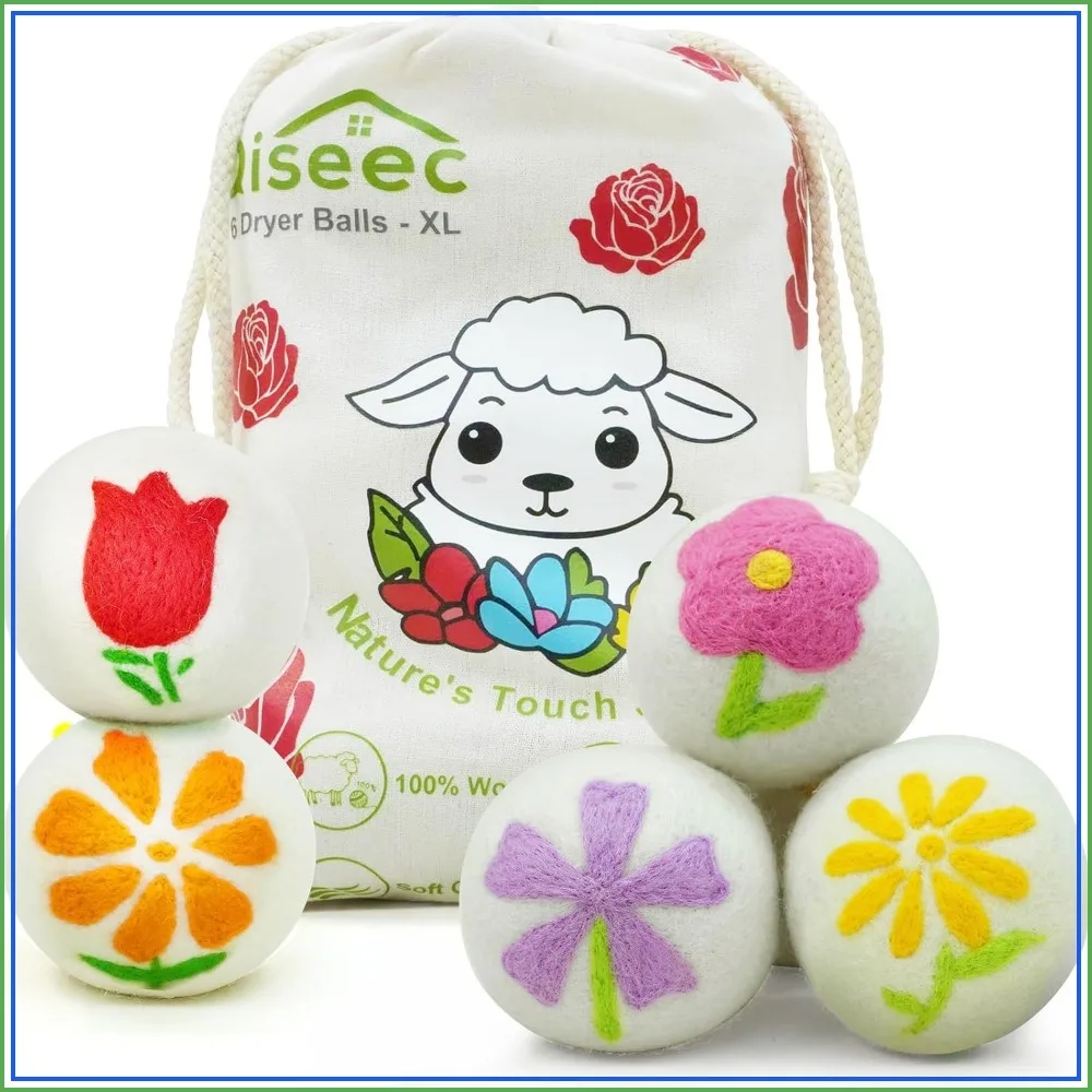 6-Pack XL Wool Dryer Balls with Petal Embroidery – Natural Fabric Softener, Reduces Wrinkles & Drying Time, Hypoallergenic