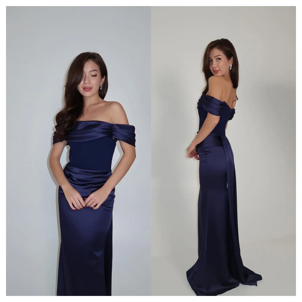 

Customized Elegant Satin Evening Dress Delicate Square Collar Off the Shoulder Sleeveless Party Dress Modern Celebrity Gowns