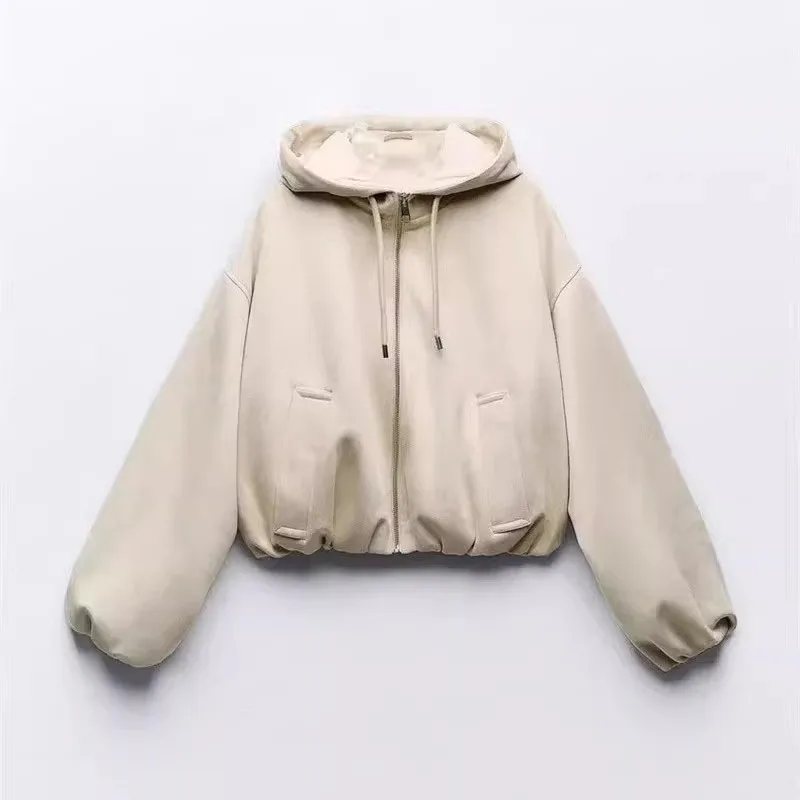 سترة نسائية قصيرة جديدة للخريف من الجلد الصناعي مع غطاء للرأس 30833 72 بأسلوب عملي وإغلاق بسحاب وأكمام طويلة وتصميم فضفاض #1