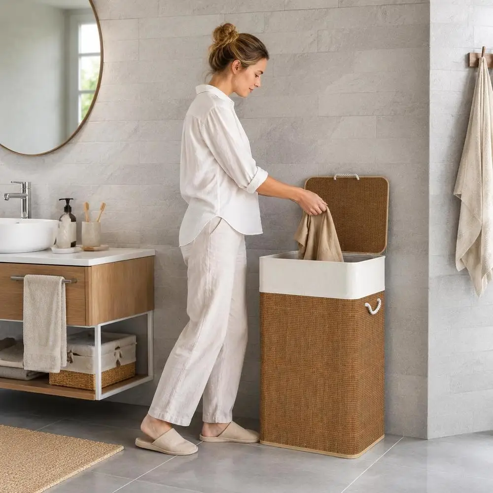 Panier à linge en bambou avec couvercle, capacité de 72 L, panier à linge avec poignées en bambou, sac à linge amovible, marron. Grand volume intérieur pour répondre aux besoins de rangement quotidiens des articles ménagers.