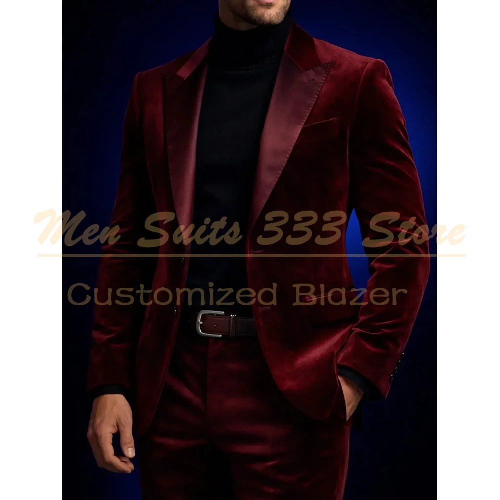 

Luxury Burgundy Velvet Men's 2 Piece Suits Elegant Single Breasted Satin Peak Lapel Blazer Formal Full Sets Costume Homme