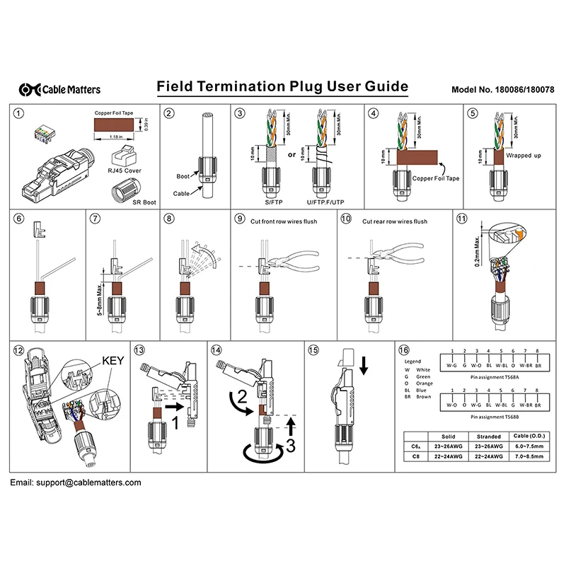 Cat8 cat8 cat8 موصل ، rj45 المكونات ، أداة مجانية ، محمية ، 6 حزمة