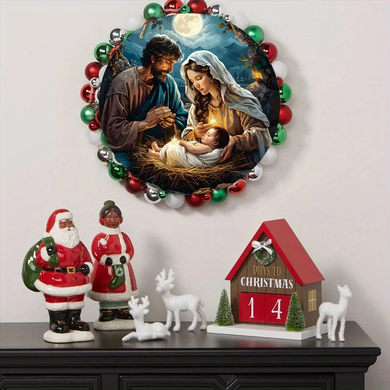 2D Flat, 1pc Classic Wooden Nativity Scene Ornament - 7.87in/20cm Oil Painting Style 2D Wall Hanging, Holy Family of Mary, Ideal
