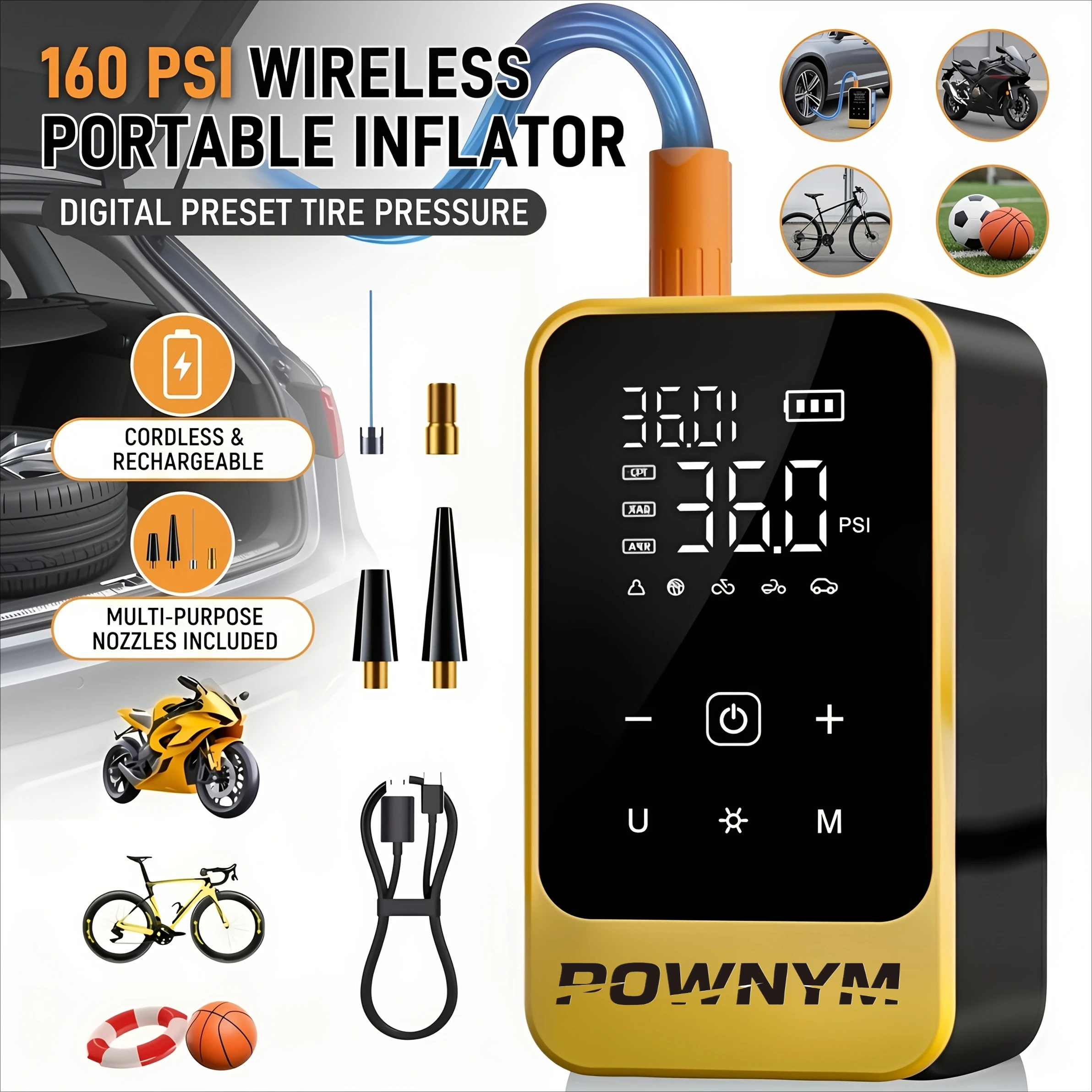 POWNYM Multi-Functional Wireless Tire Inflator Jump Starter, Portable Air Pump with Digital Gauge, LED Light & All Nozzle Adapters for All Vehicles & Balls