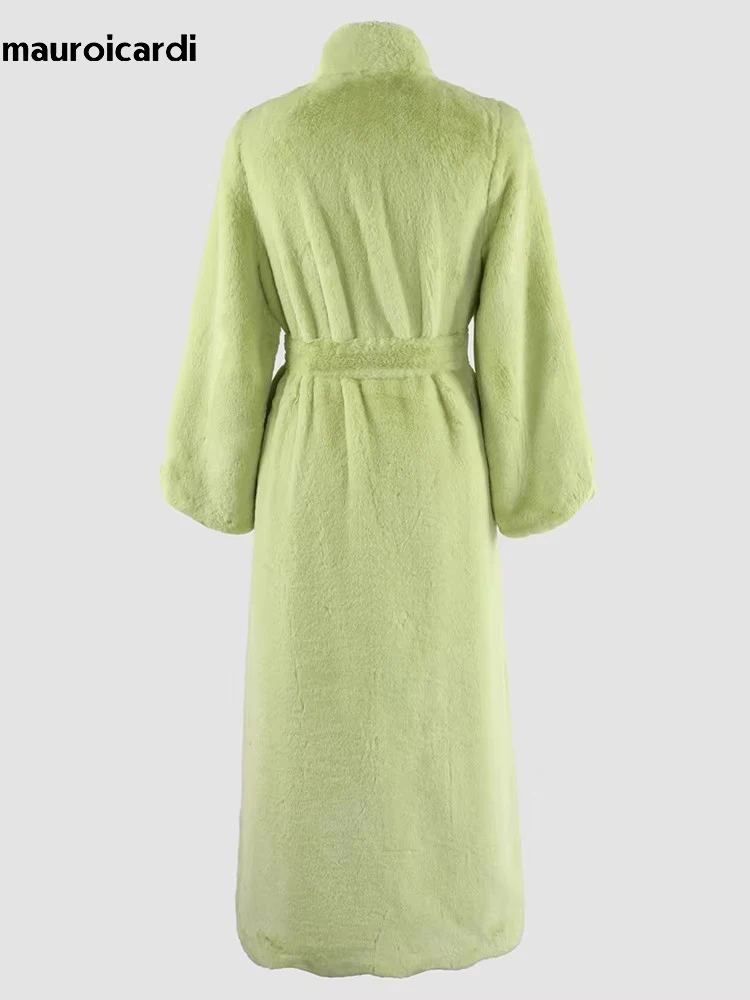 Mauroicardi outono inverno quente macio fofo casaco de pele do falso feminino vieira guarnição faixas gola extra longo casaco peludo 2025